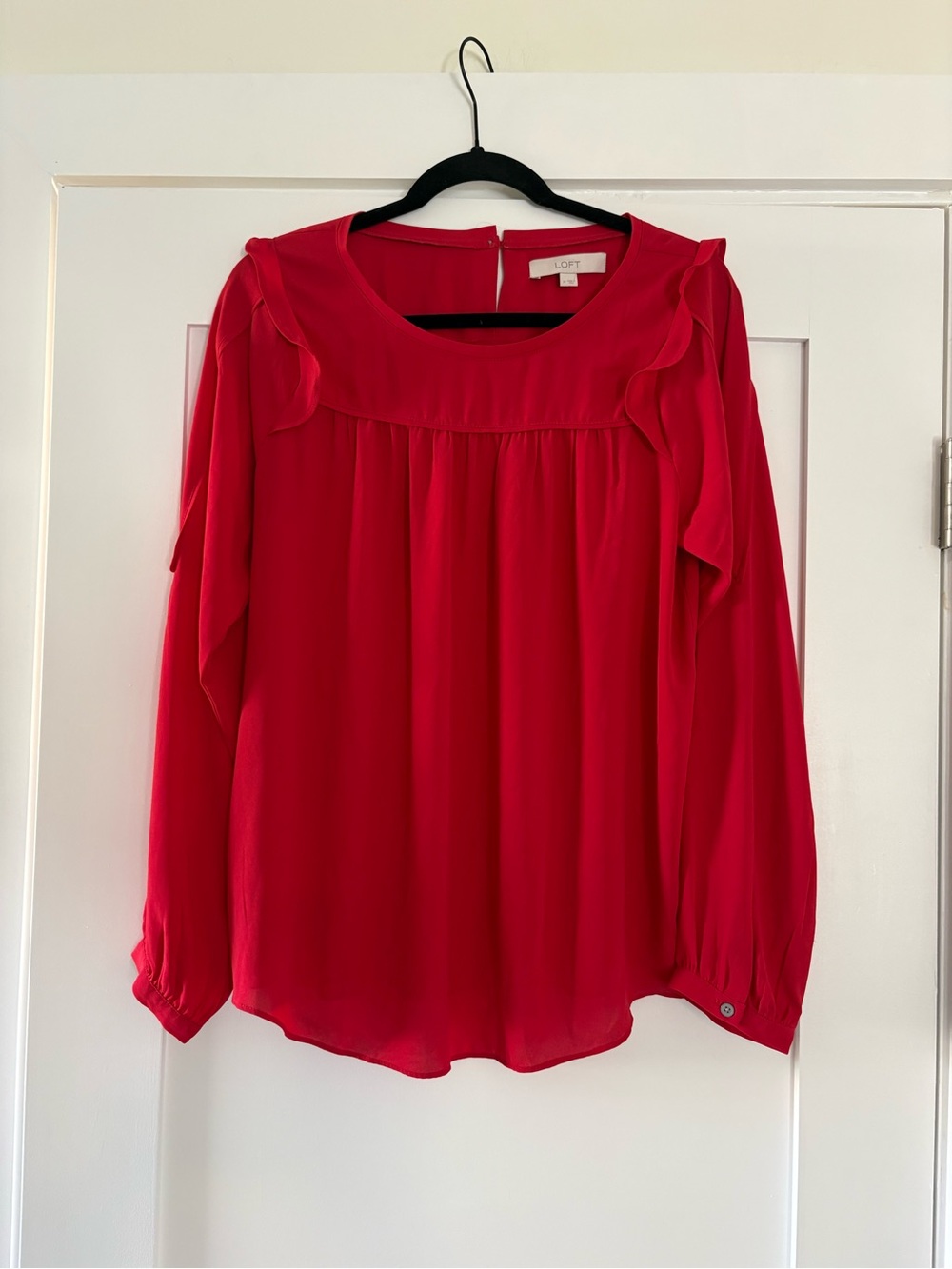 LOFT Crimson Red Ruffle Shoulder Long Sleeve Blouse